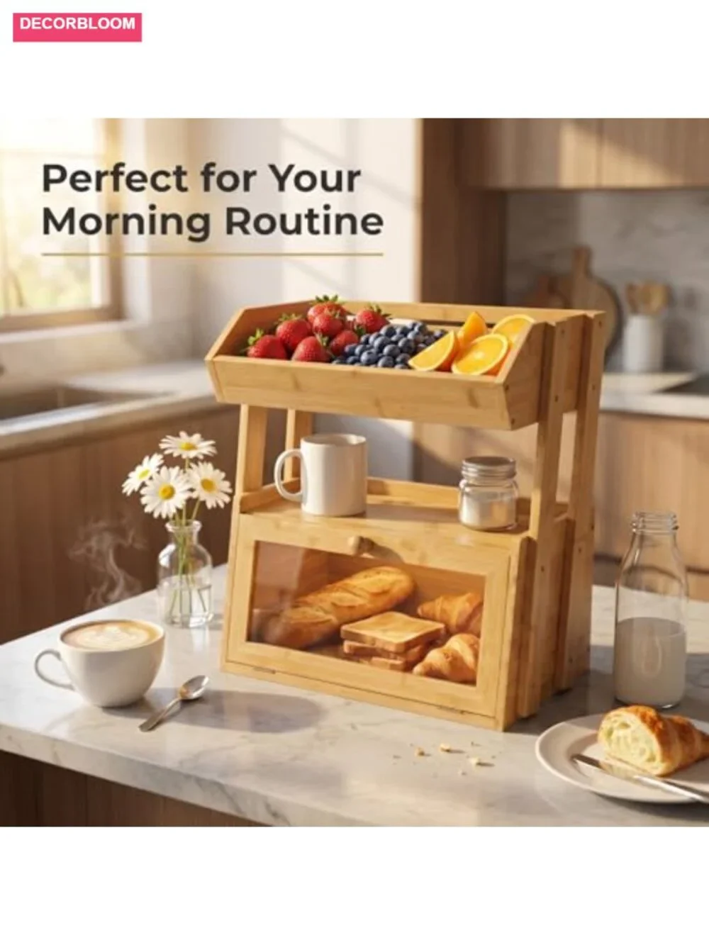 3-Tier Bamboo Bread Box with Fruit Basket for Kitchen Countertop Storage